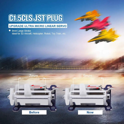 Comparison of Lightweight 1.5g Micro Linear Servo For RC Planes, showing 7mm and 9mm stroke versions with JST connectors