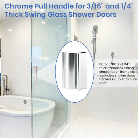 Sleek Chrome Shower Door Pull Handle For Frameless Sliding Glass Panels featuring a heavy duty grip design in a bathroom setting.
