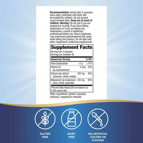 Calcium Magnesium Vitamin D Supplement For Bone Health And Muscle Function Gluten Free Soy Free No Salt Yeast Derived Ingredients Dairy Free No Artificial Colors Or Flavors supplement facts label and gluten-free dairy-free icons.