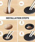 Installation steps for 10 Pack Round Desk Grommets For Cable Management, Black Plastic Hole Covers, Wire Organizer Caps, 63.5mm Opening