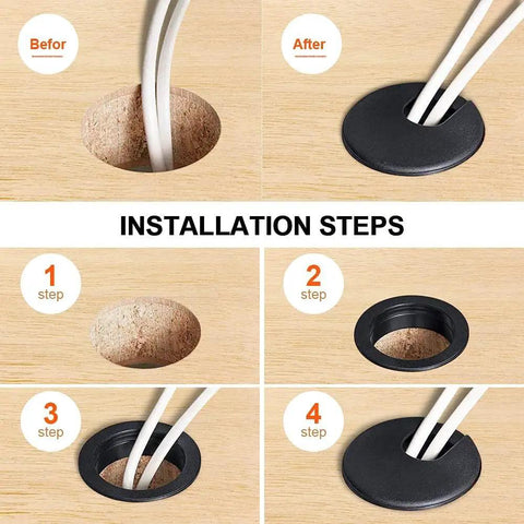 Installation steps for 10 Pack Round Desk Grommets For Cable Management, Black Plastic Hole Covers, Wire Organizer Caps, 63.5mm Opening