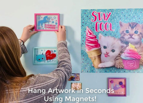 Woman using Magnetic Paint And Primer For Any Surface High Yield Black 8 Oz Turns Walls Into A Magnetic Canvas For Kid Rooms Offices And Kitchens Hang Art Notes Posters And Magnets With Ease.