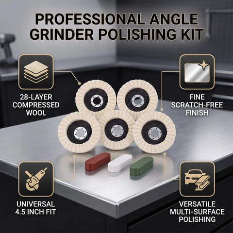 Yosoo Health Gear Pro Wool Polishing Wheel Kit With Angle Grinder And Three Color Compound Set for metal mirror finish buffing tool showing polishing wheels and compounds.