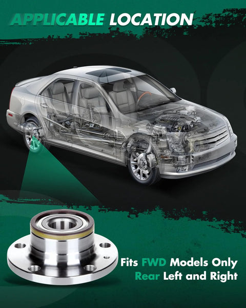 Rear Wheel Hub Bearing Assembly 512319 Drop In Ready Replacement Kit With ABS, shown beside vehicle for FWD models, rear left and right fitment.