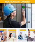 5 In 1 Stud Finder Wall Scanner With Smart Chip And HD LCD Display being used to detect wall elements by a worker in a helmet