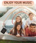 Go 4 Portable Bluetooth Speaker With IP67 Waterproof And Dustproof Build, 7 Hours Playback hanging outside a tent with family inside