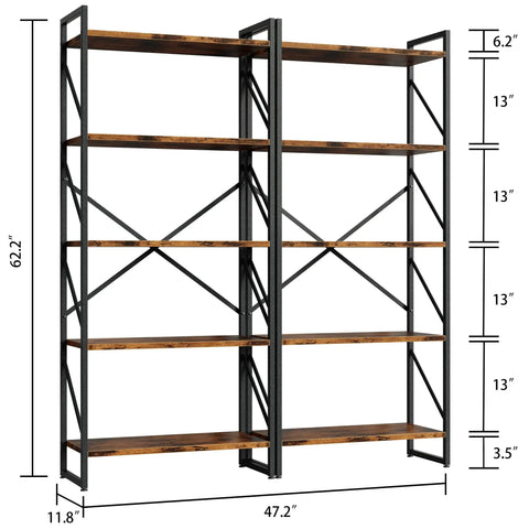 Clean Five Tier Bookshelf In Rustic Brown Industrial Tall Bookcase with dimensions 62.2" H x 47.2" W x 11.8" D