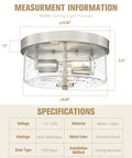 Measurement information for a 2-light flush mount ceiling fixture with brushed nickel finish and seeded glass shades.
