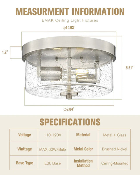Measurement information for a 2-light flush mount ceiling fixture with brushed nickel finish and seeded glass shades.