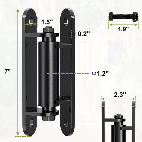 Heavy Duty Gate Hinges 7-Inch Silent Bearing Outdoor Gate Hardware, Stainless Steel Strength For Any Weather, Waterproof And Rust-Resistant, Easy Install With Included Screws. 7-inch black gate hinge with screw measurements shown