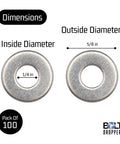 Front view of stainless steel flat washers: 1/4 in ID, 5/8 in OD, 0.078 in thick; 100-pack Bolt Dropper