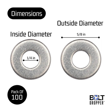 Front view of stainless steel flat washers: 1/4 in ID, 5/8 in OD, 0.078 in thick; 100-pack Bolt Dropper