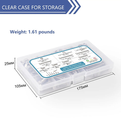 Clear storage case for 304 Stainless Steel Hex Bolt And Nut Assortment Kit With Lock And Flat Washers, 180 Pieces.