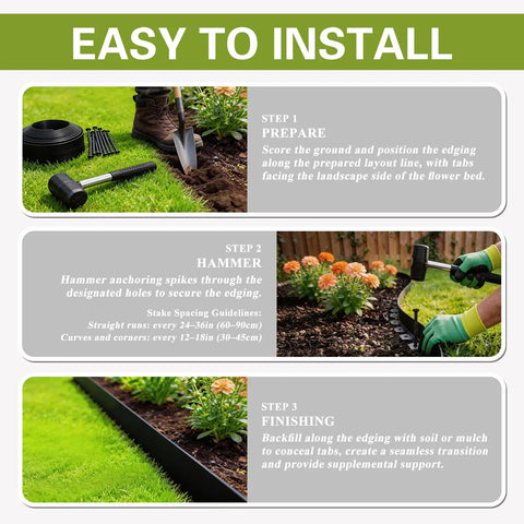 Instructions for installing No Dig Landscape Edging Kit 1.5 Inch By 100 Foot With 150 Spikes, Hammer And Gloves in garden