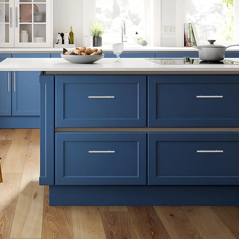 Modern kitchen with blue cabinets featuring 40 Pack Brushed Nickel Stainless Steel Kitchen Cabinet Handles Drawer Pulls, 5 Inch Length.