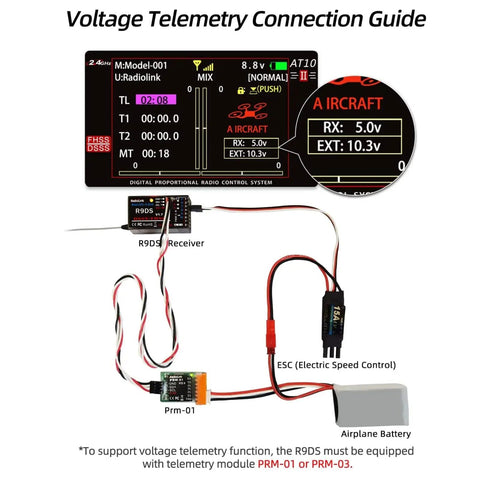 AT9S Pro 2.4G Radio Controller Transmitter With 10 To 12 Channel DSSS FHSS Tech voltage telemetry connection guide diagram