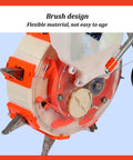 Manual Hand Push Garden Seeder With Stainless Steel Duckbill, Clear Seed Box, and Roller Wheel close-up of nozzle system