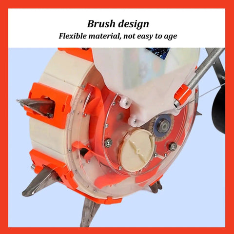 Manual Hand Push Garden Seeder With Stainless Steel Duckbill, Clear Seed Box, and Roller Wheel close-up of nozzle system