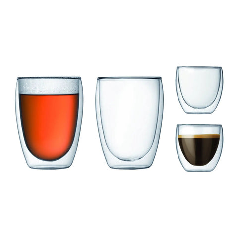 Real Deal Double Walled Espresso Glasses Set Of 2 Insulated Borosilicate Shot Cups Clear Heat Resistant Coffee Cup showing four glass sizes with beverages.