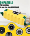 Beefed Up 4500mAh 14.4V NiMH Replacement Battery For Roomba 500 to 900 Series, yellow casing, compatible models shown