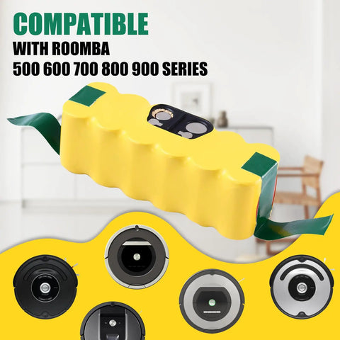 Beefed Up 4500mAh 14.4V NiMH Replacement Battery For Roomba 500 to 900 Series, yellow casing, compatible models shown
