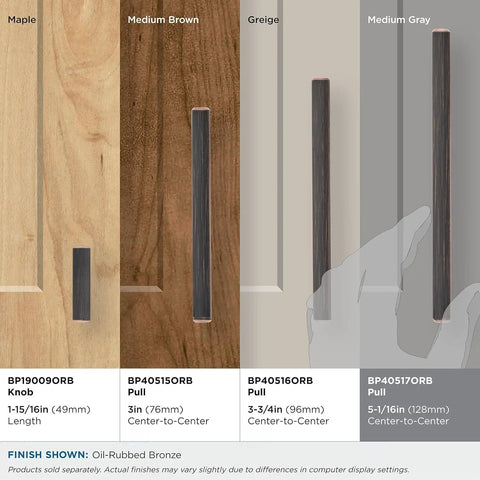 Top Shelf Pro Modern Oil Rubbed Bronze Cabinet And Drawer Pulls on various wood finishes, showcasing different sizes and styles.