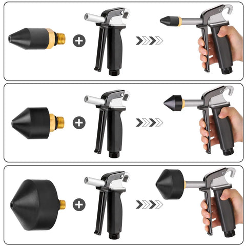Three Piece One Eighth Inch Rubber Tip Set For Air Blow Gun With Brass Fittings, includes 15mm, 24mm, and 35mm nozzles