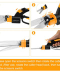 Instructional collage of Ultimate 360 Degree Swivel Grass Shears with 5-inch stainless steel blades in orange, showing usage steps