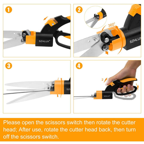 Instructional collage of Ultimate 360 Degree Swivel Grass Shears with 5-inch stainless steel blades in orange, showing usage steps