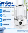 Compact Cordless Mini Washing Machine Rechargeable Portable Spin Action For Underwear Socks And Delicates On Apartments Dorms And Travel Adventures With No Heavy Lifting Just Toss And Go For Fresh Threads With Ease, showing USB-C port and splash-resistant body.