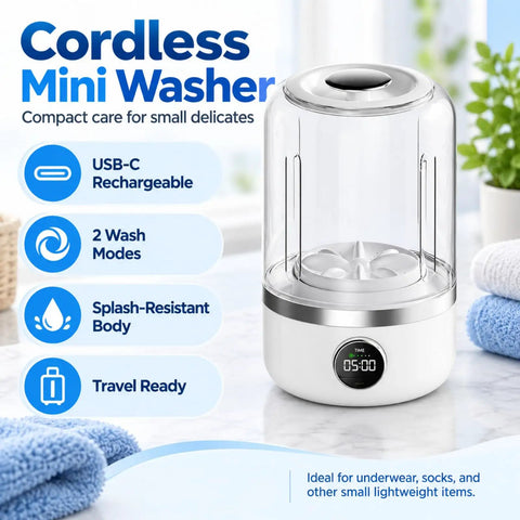 Compact Cordless Mini Washing Machine Rechargeable Portable Spin Action For Underwear Socks And Delicates On Apartments Dorms And Travel Adventures With No Heavy Lifting Just Toss And Go For Fresh Threads With Ease, showing USB-C port and splash-resistant body.