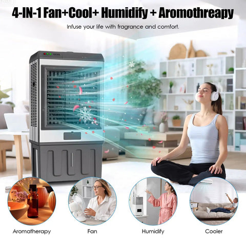 Top Tier Industrial Evaporative Cooler Pulling Insane 5886 Cfm Airflow And Loaded With A Beefy 26 Gallon Water Tank To Chill Out Big Garages Fast in a cozy living room setting.