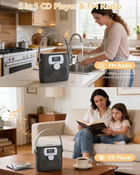 Portable CD Player With Bluetooth Boombox And Built In FM Radio for camping and travel in kitchen and living room settings.