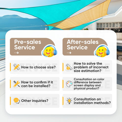 Pre-sales and after-sales service chart with emojis under 24x24 Ft Large Oversized 185G HDPE Square Sun Shade Sail Canopy.