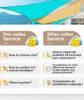 Illustration showing pre-sales and after-sales service options; including size choice and installation for 20x26 Ft Sun Shade Sail For Patio And Backyard, Heavy Duty 185GSM Rectangular Outdoor Shade Canopy, UV Block Outdoor Cover, Easy Install, Tight Fit For Deck Or Trees, Keeps Your Space Cooler While Looking Sleek