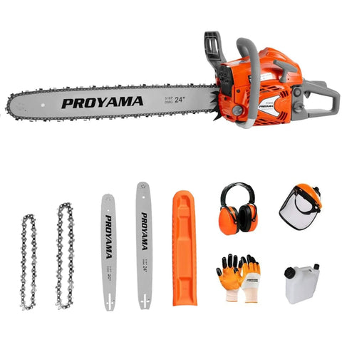 Beast 68Cc Gas Chainsaw With 20 And 24 Inch Guide Bars, accessories including chains, gloves, earmuffs, face shield, and fuel bottle