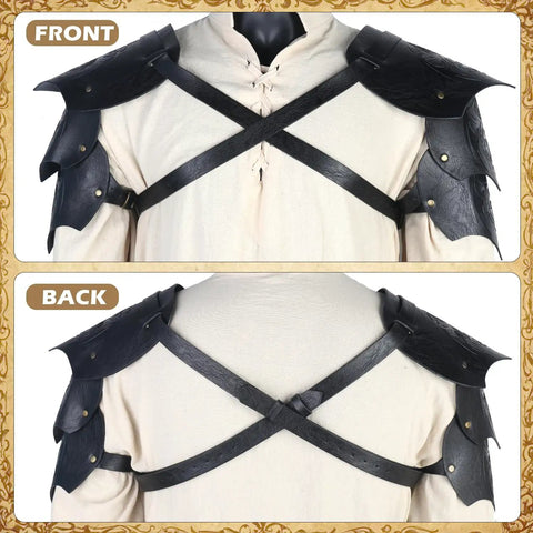 Leather Shoulder Armor Dope With Dual Pauldrons, Bracers Vambrace, And Medieval Ring Belt For LARP Cosplay Men front and back view