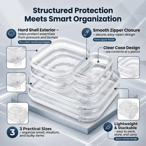 Super Slick Clear Hard Shell Zipper Cases With Rugged Plastic Organization Pouches For Travel Toiletries And Electronics Lock Your Gear Down In This Six Pack three practical sizes and clear design for organizing.