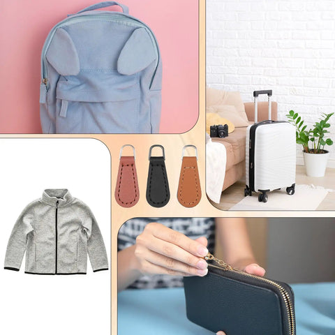 Collage of 10 Pack PU Leather Zipper Pulls Set Detachable Decorative Zipper Tabs for various bags and jackets