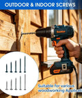 Person using drill to drive screws from Pocket Hole Screws Kit 700 Pcs Five Size Assortment Of Number Eight Wood Screws into wood panel