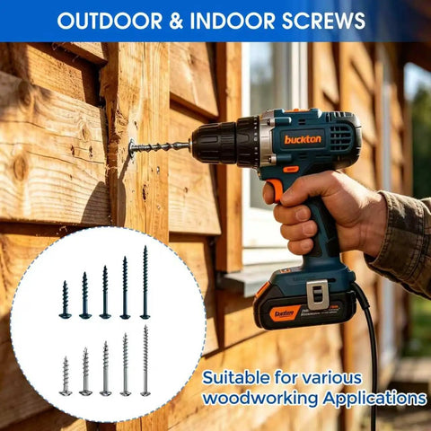 Person using drill to drive screws from Pocket Hole Screws Kit 700 Pcs Five Size Assortment Of Number Eight Wood Screws into wood panel