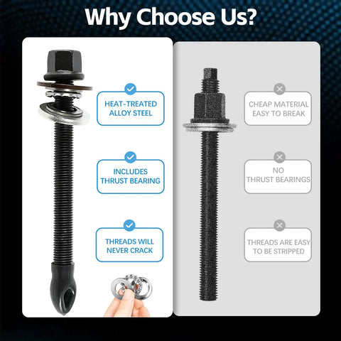 Comparison of Gearhead Grade Harmonic Balancer Puller And Installation Tool Set For LS Engines 1997 Up V8 LS1 LS2 LS3 LS4 LSX LSA LS6 LQ4 LQ9 With Durable Steel Construction And Crank Pulley Removal Kit For Serious DIY And Pro Builds showing heat-treated alloy steel and thrust bearing inclusion against a basic model.