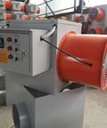 Heavy Duty Induction Heater For Industrial Barns And Greenhouses With Electric Fan Air Blower To Warm Poultry Houses and Chicken Coops, gray and orange design.