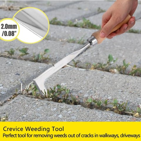 Hand using Three Pack Weed Puller Tools Set for Garden and Paver Cracks, No Fuss Grip Stainless Steel Hand Weeder on brick paver cracks
