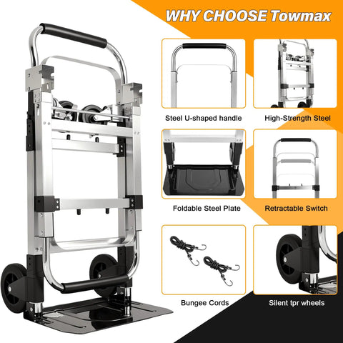 3 In 1 Convertible Hand Truck Folding Aluminum Dolly Cart With 2 Straps, Easy Setup And Smooth Transition Between Modes, Lightweight Yet Built Tough For Moving Boxes, Appliances, And Heavy Loads At Home, Workshop, Or Garage. shown folded with steel handle and wheels