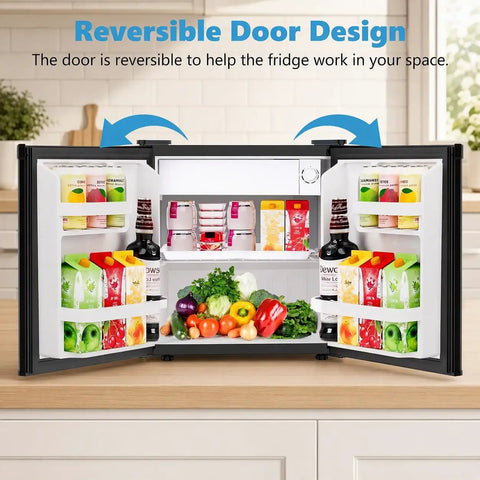 Interior view of Solid 1.6 Cu Ft Mini Fridge With Dedicated Freezer Knockout showing food and beverages on adjustable wire shelves.