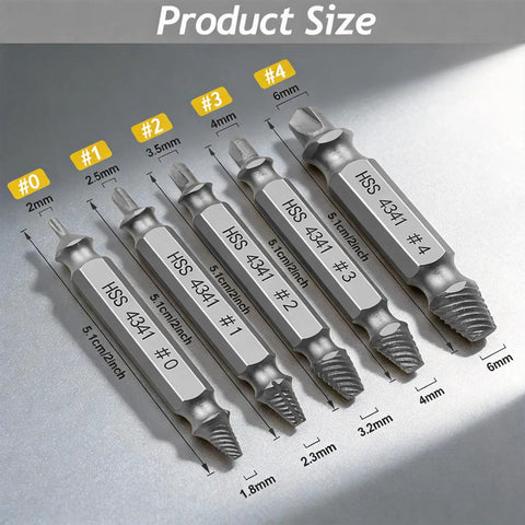6 Piece Broken Screw Extractor Set With Double Ended Drill Bits showing HSS 4341 sizes and measurements