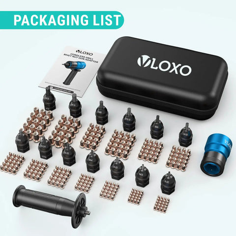 Badass Rivet Nut Drill Adapter For Standard Electric Drills Heavy Duty Nutsert Toolkit with various nuts and hex sockets displayed