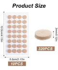 Heavy Duty Peel And Stick Felt Pads 320 Count 0.4 Inch Beige cabinet bumpers, showing size dimensions and packaging layout.