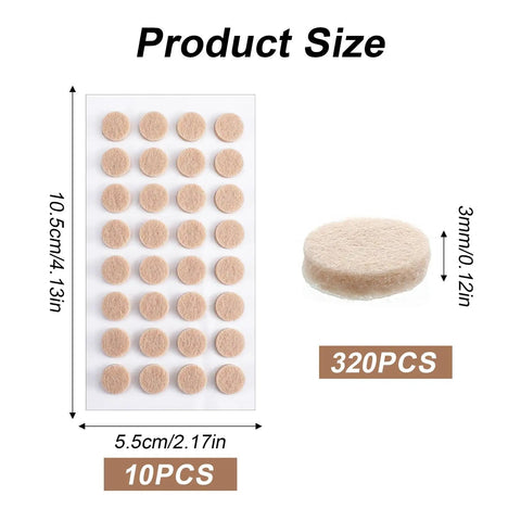 Heavy Duty Peel And Stick Felt Pads 320 Count 0.4 Inch Beige cabinet bumpers, showing size dimensions and packaging layout.
